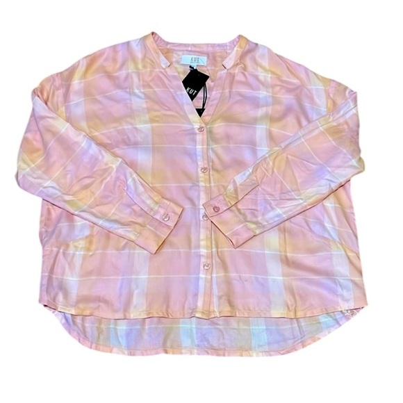 Kut From The Kloth Button up shirt Light Pink/Peach plaid Womens XS Boxy fit NWT - Picture 1 of 13